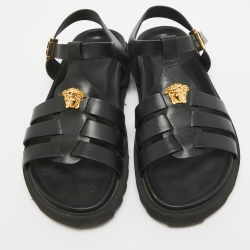 Pre Owned Versace Black Leather La Medusa Flat Sandals Size 37