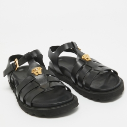 Pre Owned Versace Black Leather La Medusa Flat Sandals Size 37