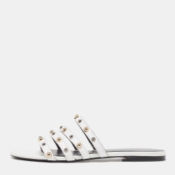 Pre Owned Versace White Leather Studded Flat Slides Size 37
