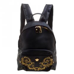 Pre Owned Versace Black Leather Studded Medusa Backpack