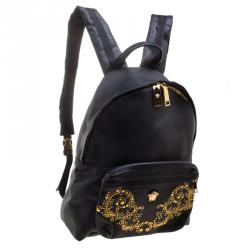 Pre Owned Versace Black Leather Studded Medusa Backpack