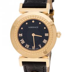 Pre Owned Versace Black Gold Tone Stainless Steel Vanity P5Q Women's Wristwatch 35 mm