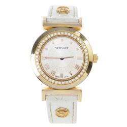Pre Owned Versace White Gold-Plated Steel Leather Vanity Womens Wristwatch 34MM