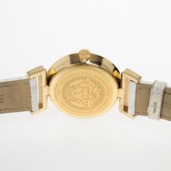 Pre Owned Versace White Gold-Plated Steel Leather Vanity Womens Wristwatch 34MM