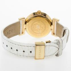 Pre Owned Versace White Gold-Plated Steel Leather Vanity Womens Wristwatch 34MM