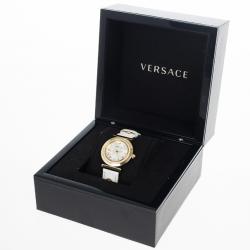 Pre Owned Versace White Gold-Plated Steel Leather Vanity Womens Wristwatch 34MM