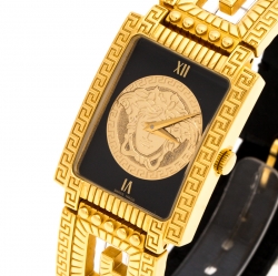 Versace Black 18K Yellow Gold Plated Stainless Steel Signature Medusa Women's Wristwatch 25 mm