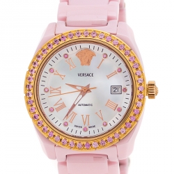 Pre Owned Versace Mother of Pearl Pink Ceramic Pink Sapphire Rose Gold Plated Stainless Steel DV One A360022 Women's Wristwatch 40 mm