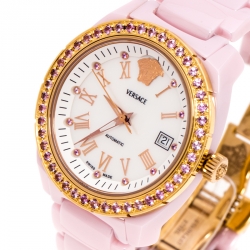 Pre Owned Versace Mother of Pearl Pink Ceramic Pink Sapphire Rose Gold Plated Stainless Steel DV One A360022 Women's Wristwatch 40 mm