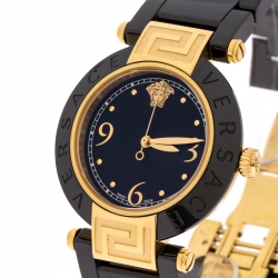 Pre Owned Versace Black Gold Plated Steel Ceramic Reve 92Q Women's Wristwatch 35 mm