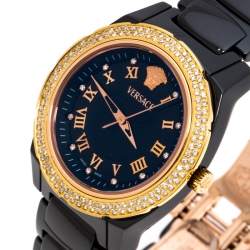 Pre Owned Versace Black Ceramic Rose Gold Stainless Steel Diamonds DV One Glamour 63Q Men's Wristwatch 34 mm