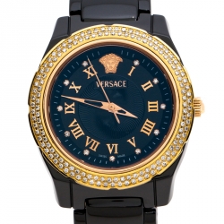 Pre Owned Versace Black Ceramic Rose Gold Stainless Steel Diamonds DV One Glamour 63Q Men's Wristwatch 34 mm