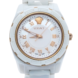 Pre Owned Versace White Mother of Pearl White Ceramic Rose Gold Plated Stainless Steel DV One 63Q Women's Wristwatch 35 mm