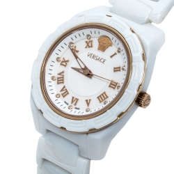 Pre Owned Versace White Mother of Pearl White Ceramic Rose Gold Plated Stainless Steel DV One 63Q Women's Wristwatch 35 mm