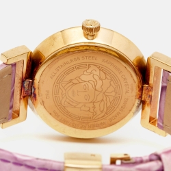 Pre Owned Versace Purple Gold Plated Stainless Steel Leather Vanity P5Q Women's Wristwatch 35 mm