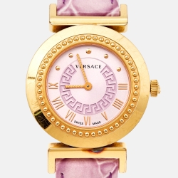Pre Owned Versace Purple Gold Plated Stainless Steel Leather Vanity P5Q Women's Wristwatch 35 mm