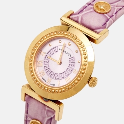 Pre Owned Versace Purple Gold Plated Stainless Steel Leather Vanity P5Q Women's Wristwatch 35 mm