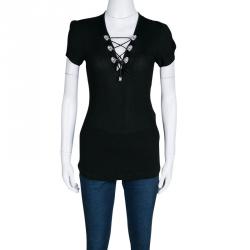 Pre Owned Versus Versace Black Rib Knit Lion Studded Criss Cross Front Top M