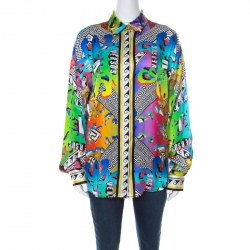 Versus Versace Multicolor Abstract Baroque Printed Silk Satin Shirt M 