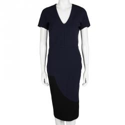Pre Owned Victoria Beckham Navy Blue Knit Colorblock V Neck Pencil Dress M