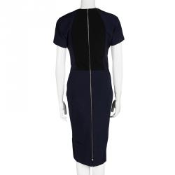 Pre Owned Victoria Beckham Navy Blue Knit Colorblock V Neck Pencil Dress M
