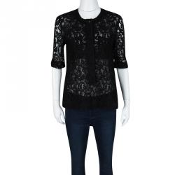 Pre Owned Victoria Beckham Black Lace Pocket Detail Sheer Short Sleeve Blouse XS