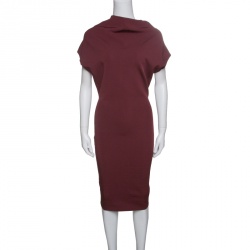 Pre Owned Victoria Beckham Burgundy Knit Draped High Neck Bodycon Dress S