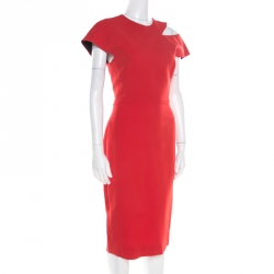 Pre Owned Victoria Beckham Red Wool and Silk Cutout Shoulder Detail Sleeveless Dress M
