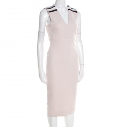 Pre Owned Victoria Beckham Blush Pink Striped Shoulder V-Neck Sleeveless Pencil Dress M