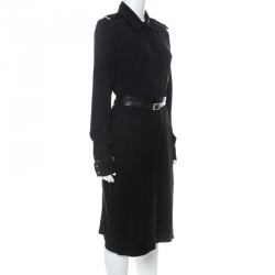 Pre Owned Victoria Beckham Black Crepe Knit Epaulette Detail Belted Shirt Dress L