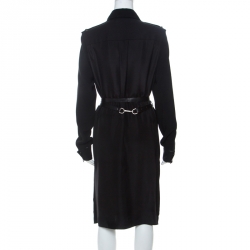 Pre Owned Victoria Beckham Black Crepe Knit Epaulette Detail Belted Shirt Dress L