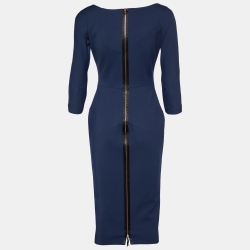Pre Owned Victoria Beckham Navy Blue Stretch Crepe V Neck Pencil Dress M