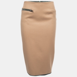 Victoria Beckham Tan Brown Wool Zipper Detail Pencil Midi Skirt M