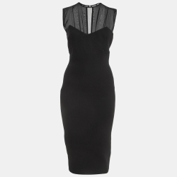 Black Crepe Silk Trimmed Sleeveless Midi Dress