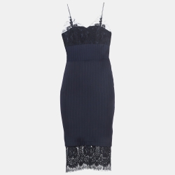 Navy Blue Pinstriped WoolTrimmed Midi Dress