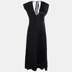 Black Crepe Plunge V-Neck Midi Dress