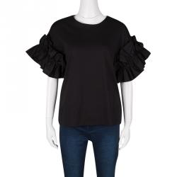 Pre Owned Victoria Victoria Beckham Black Cotton Ruffled Sleeve Top XS