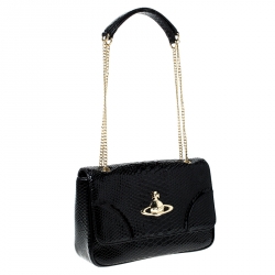 Pre Owned Vivienne Westwood Black Snakeskin Embossed Leather Frilly Shoulder Bag