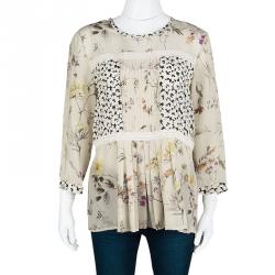 Pre Owned Weekend Max Mara Beige Floral Printed Silk Pleat Detail Botanical Blouse M