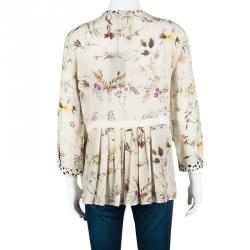 Pre Owned Weekend Max Mara Beige Floral Printed Silk Pleat Detail Botanical Blouse M