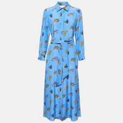 Pre Owned Weekend Max Mara Blue Feather Printed Silk Belted Maxi Dress M