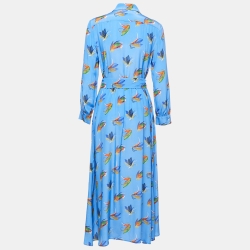 Pre Owned Weekend Max Mara Blue Feather Printed Silk Belted Maxi Dress M