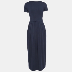 Pre Owned Weekend Max Mara Navy Blue Knit Waist Tie Detail Pleated Maxi Dress XS