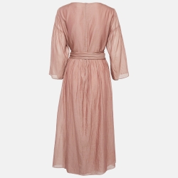 Weekend Max Mara Pink Cotton Blend Gathered Belted Midi Dress L