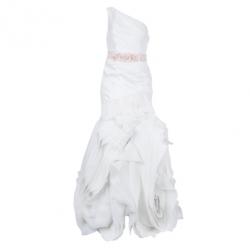 White by Vera Wang One Shoulder Organza Bias Flange Detail Wedding Dress M