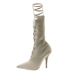 Yeezy Season 5 Beige Knit Fabric Mid Calf Lace Up Pointed Toe Boots Size 38.5
