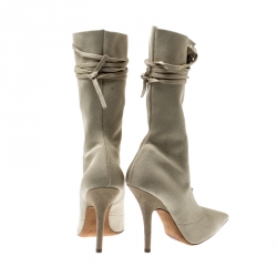 Yeezy Season 5 Beige Knit Fabric Mid Calf Lace Up Pointed Toe Boots Size 38.5
