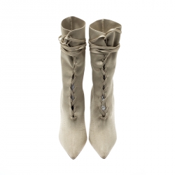 Yeezy Season 5 Beige Knit Fabric Mid Calf Lace Up Pointed Toe Boots Size 38.5