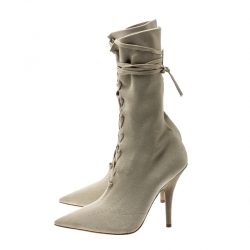 Yeezy Season 5 Beige Knit Fabric Mid Calf Lace Up Pointed Toe Boots Size 38.5