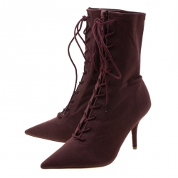 Yeezy Season 5 Burgundy Stretch Canvas Lace Up Pointed Toe Boots Size 38.5